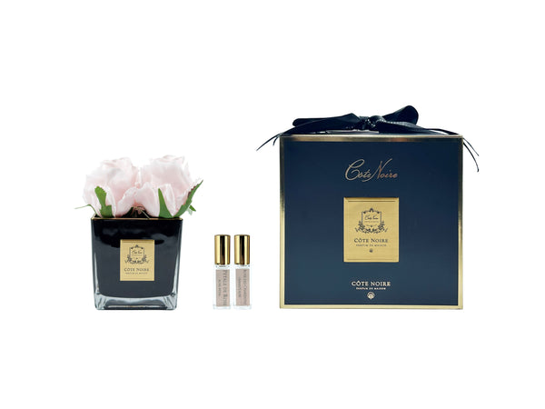 Couture Perfumed Natural Touch 4 Roses - Square Black Vase Gold & French Pink