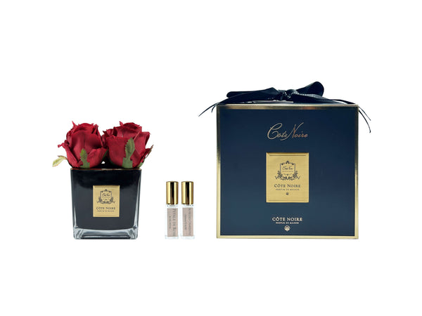 Couture Perfumed Natural Touch 4 Roses - Square Black Vase Gold & Red
