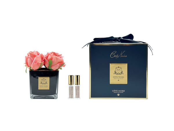 Couture Perfumed Natural Touch 4 Roses - Square Black Vase Gold & White Peach