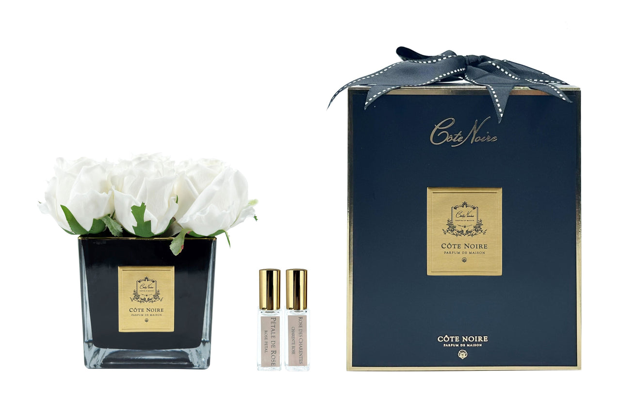 Cote Noire Couture 9 Rose Bud - Square Black Vase Gold & White - SVB901