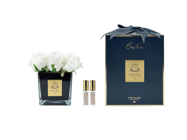 Couture Perfumed Natural Touch 9 Roses - Square Black Vase Gold & Ivory White