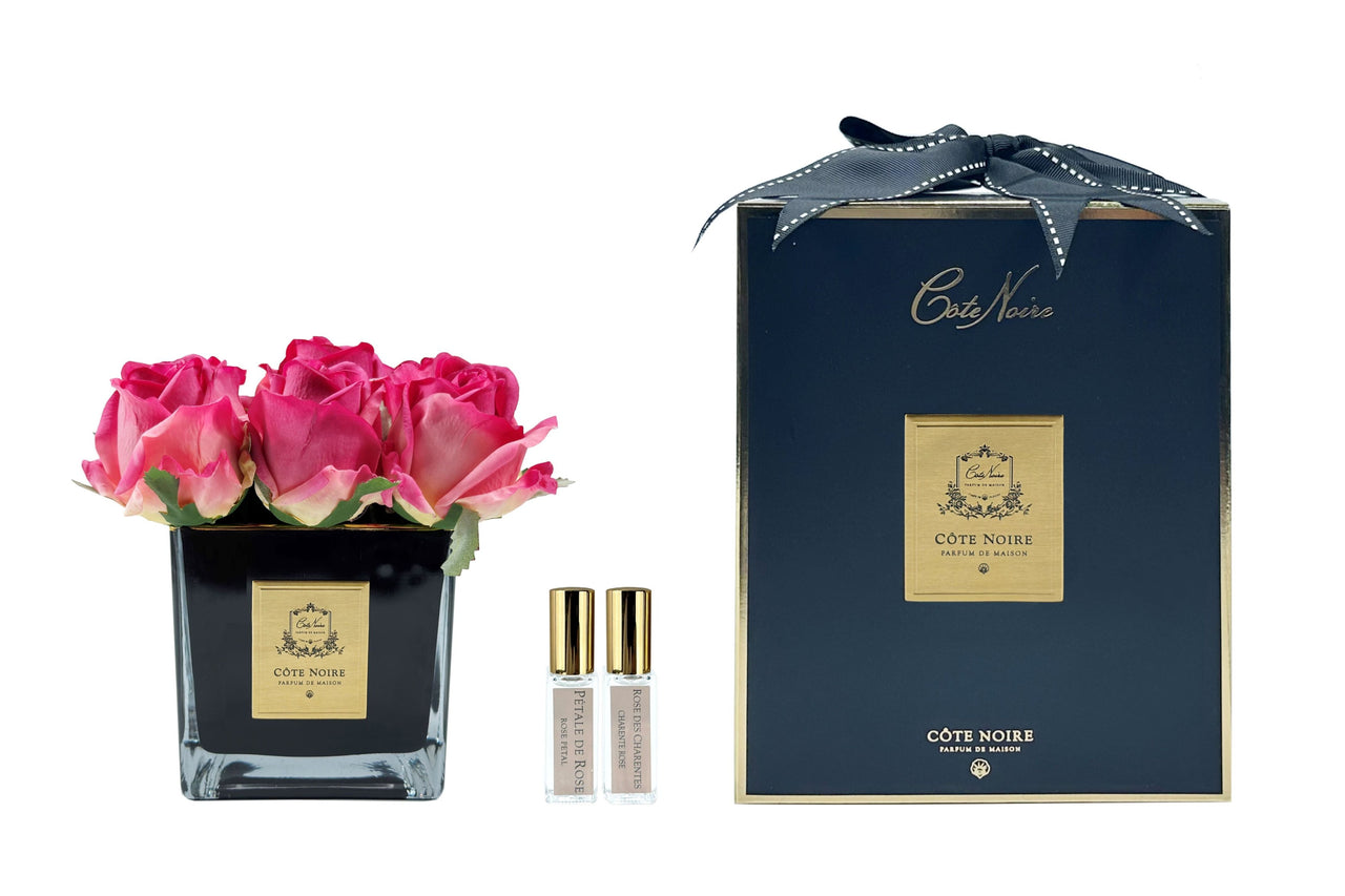 Cote Noire Couture 9 Rose Buds - Square Black Vase Gold & Magenta - SVB907