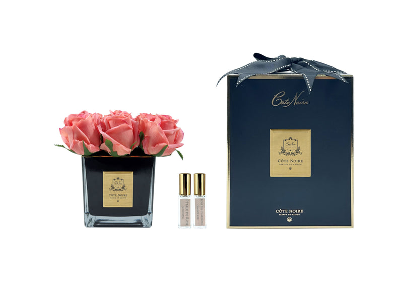 Couture Perfumed Natural Touch 9 Roses - Square Black Vase Gold & White Peach