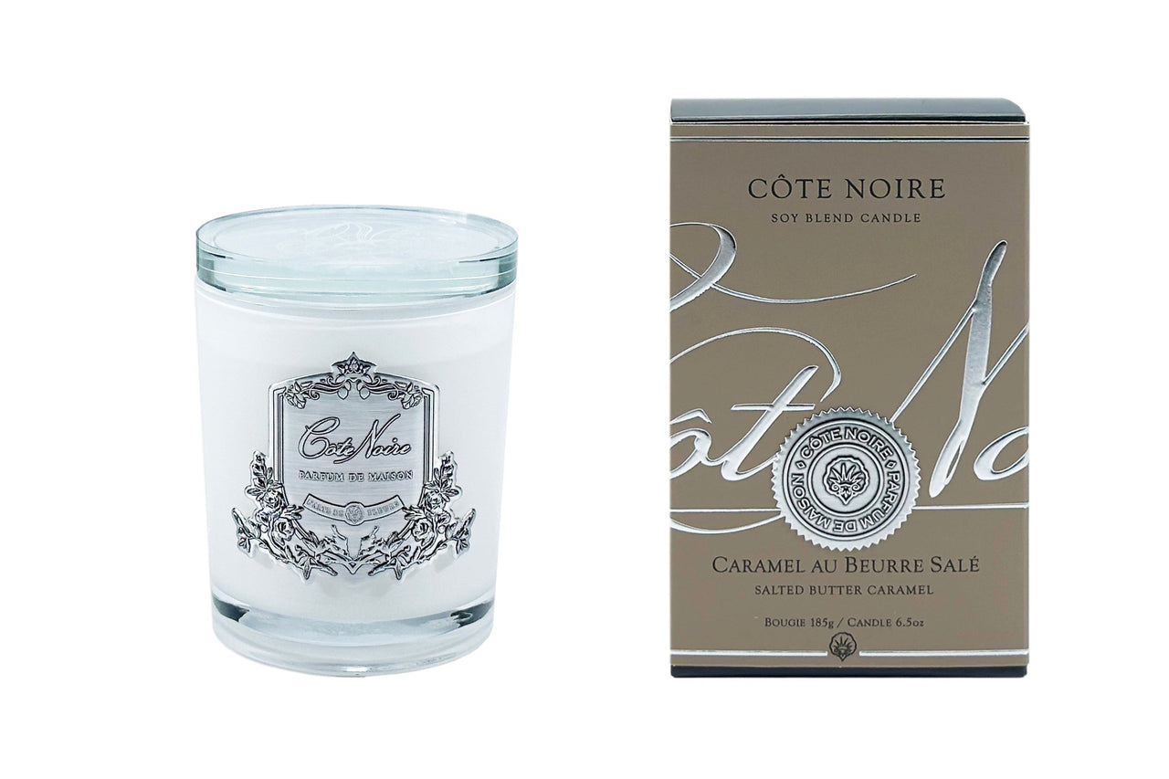 Cote Noire 185g Candle - White Vessel with Silver Badge - Salted Butter Caramel