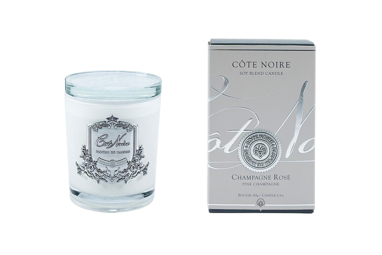 Cote Noire 185g Candle - White Vessel with Silver Badge - Pink Champagne