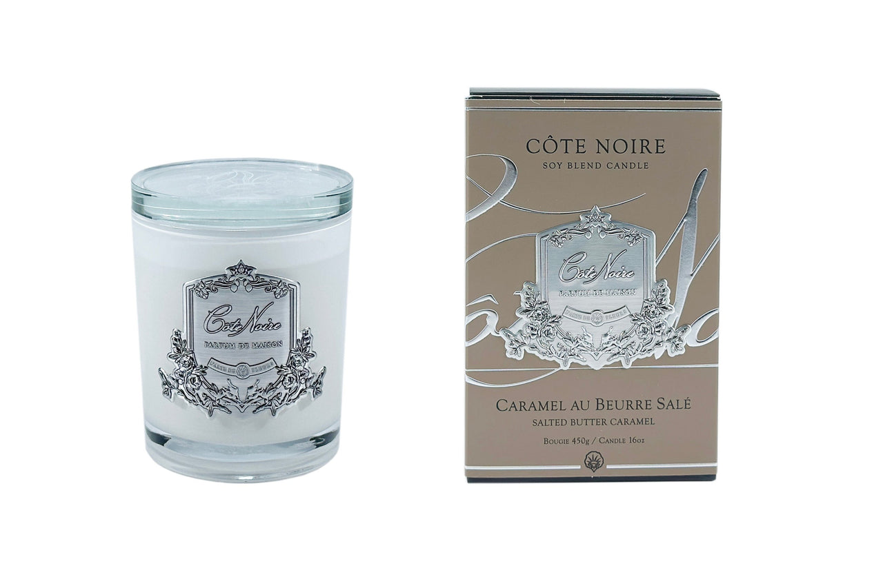 Cote Noire 450g Candle - White Vessel with Silver Badge - Salted Butter Caramel