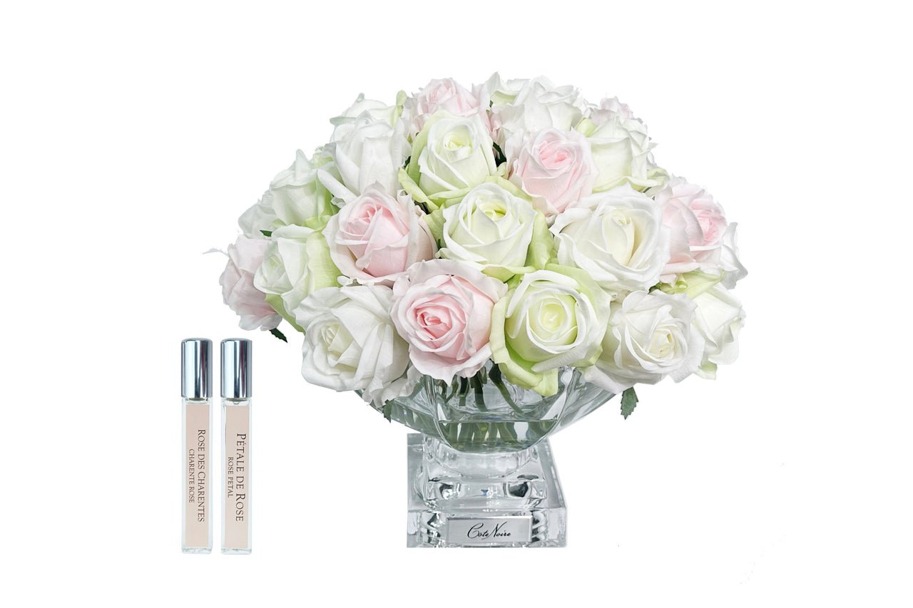 ** NEW ** Cote Noire Luxury Centrepiece 37 Rose Bud Bouquet - Pink, Green & White - Gold Badge - CPRB13