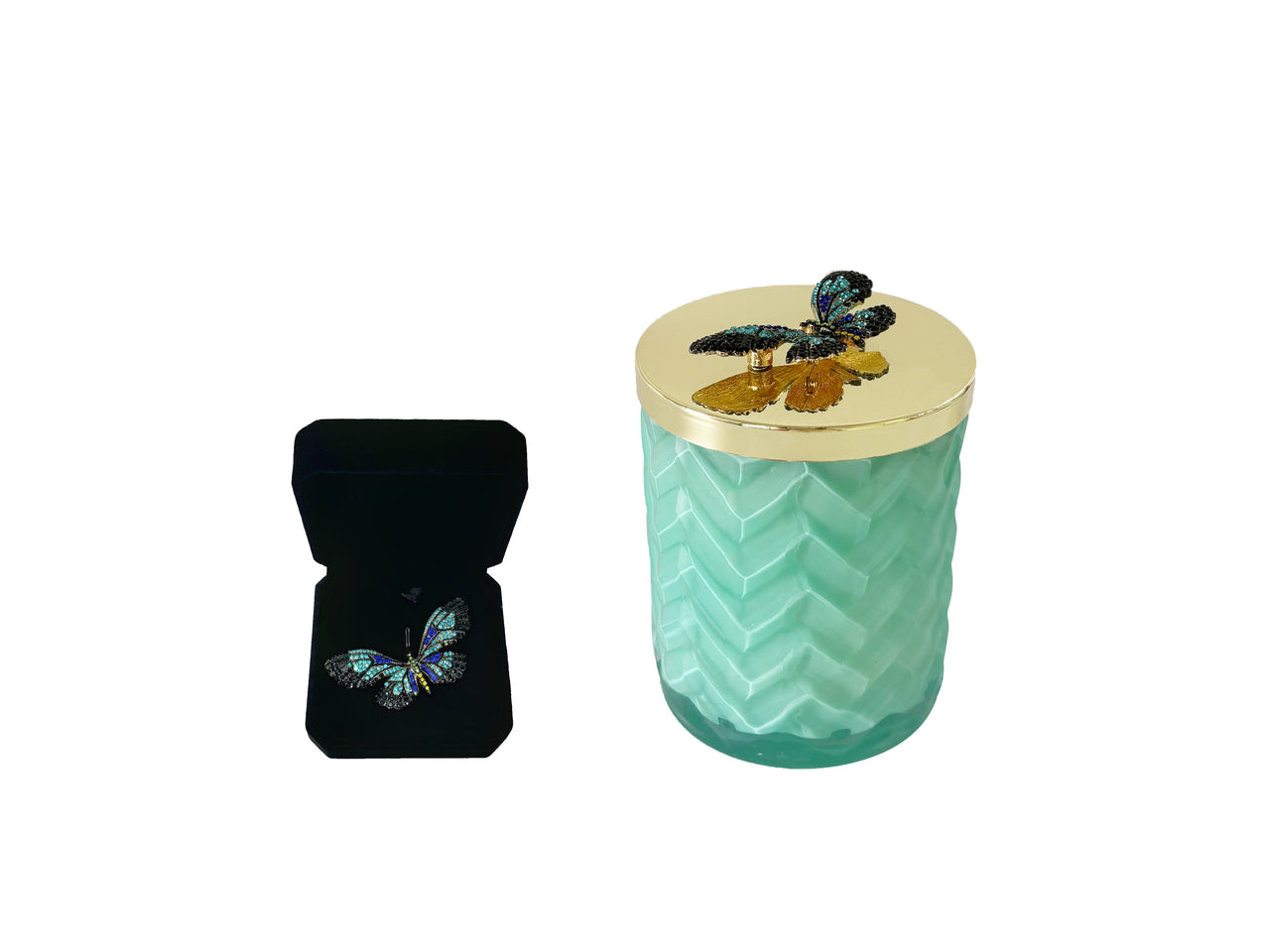 Cote Noire Persian Lime scented Herringbone Candle with Scarf - Tiffany Blue & Gold - Butterfly Brooch