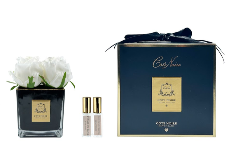 Cote Noire Couture 4 Rose Buds - Square Black Vase Gold & White - SVB401