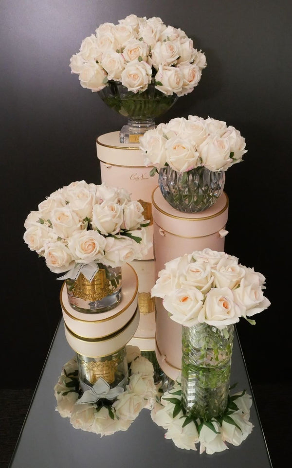 LUXURY CENTREPIECE - 37 ROSE BUDS IN BLUSH & GOLD BADGE - CPRB02