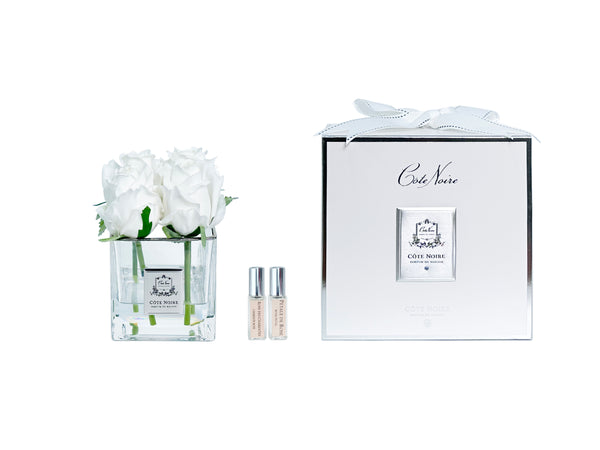 Couture Perfumed Natural Touch 4 Roses -Square Clear Vase Silver & Ivory White