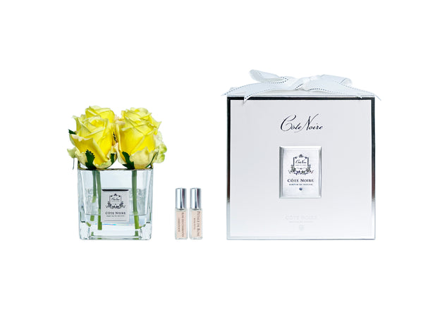 Couture Perfumed Natural Touch 4 Roses -Square Clear Vase Silver &Yellow