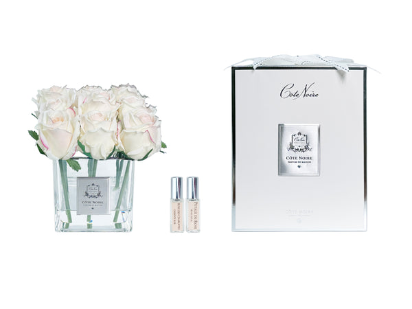 Couture Perfumed Natural Touch 9 Roses - Square Clear Vase Silver & Pink Blush