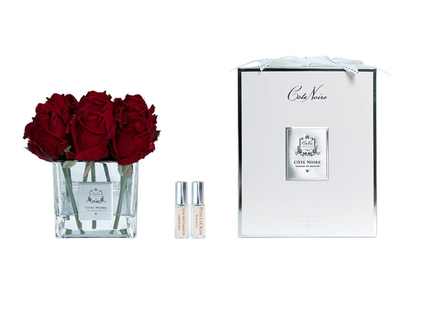 Couture Perfumed Natural Touch 9 Roses - Square Clear Vase Silver & Red