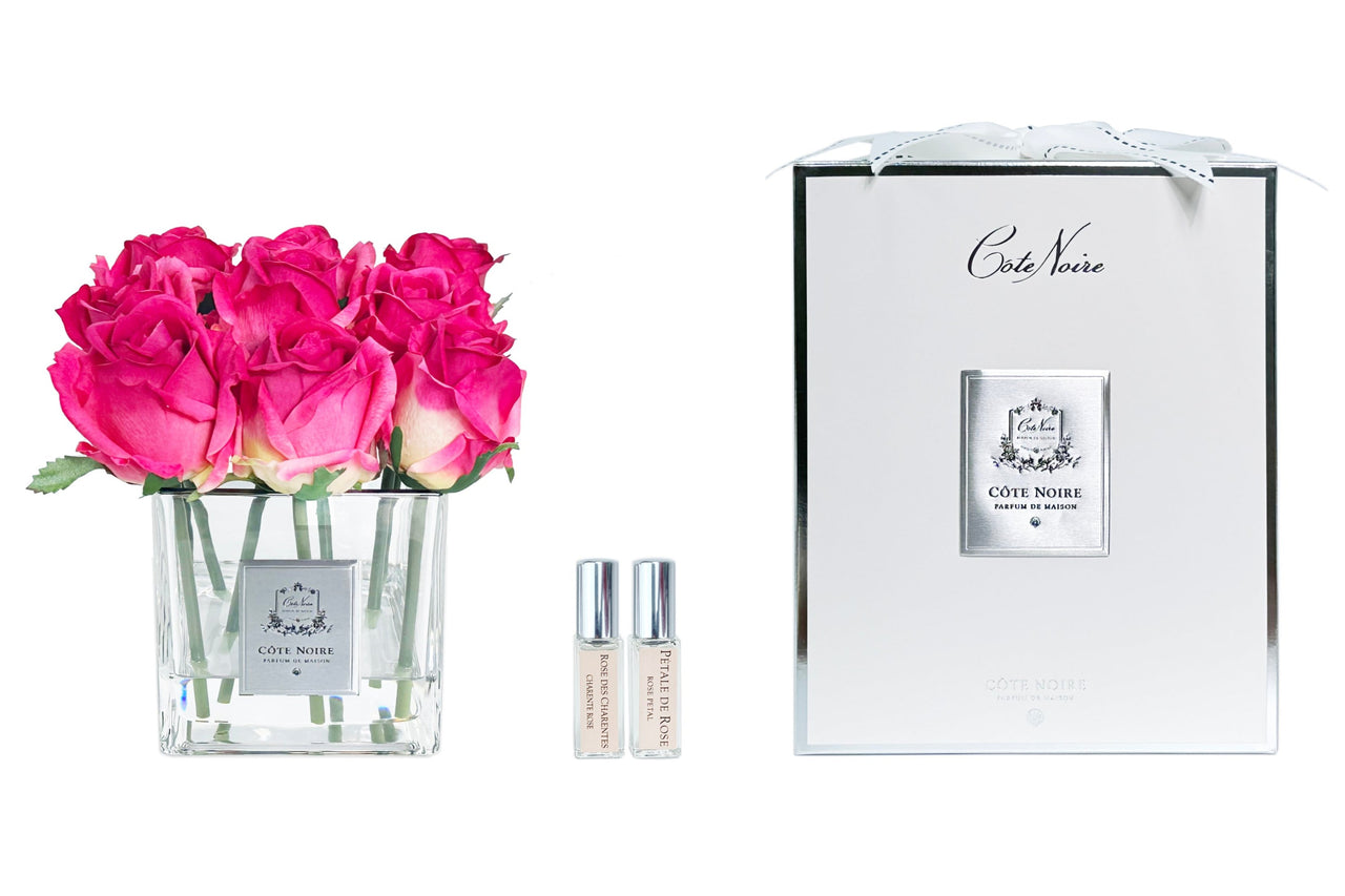 Cote Noire Couture 9 Rose Buds - Square Clear Vase Silver & Magenta - SVS907