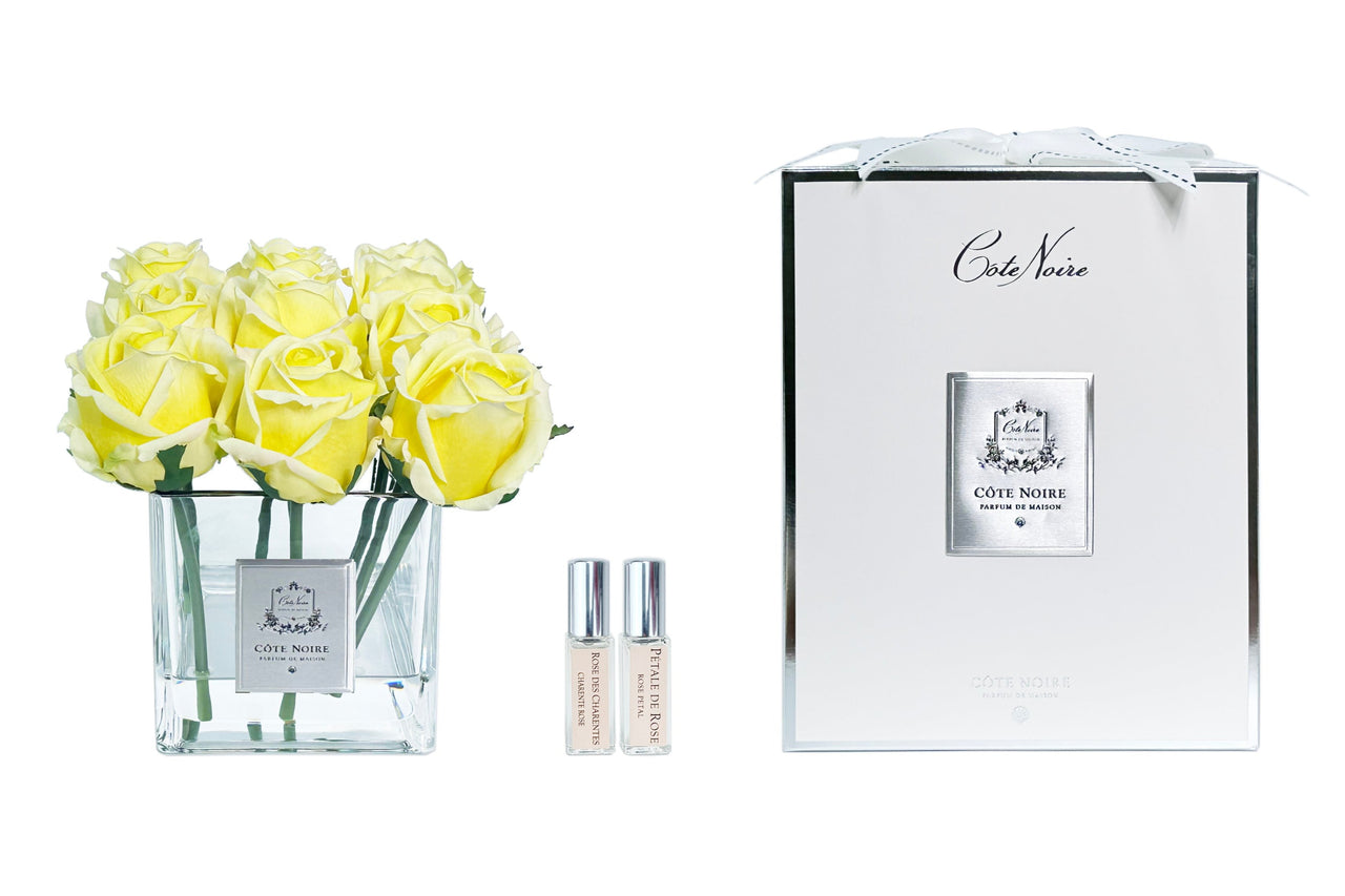 Cote Noire Couture 9 Rose Buds - Square Clear Vase Silver & Yellow - SVS908