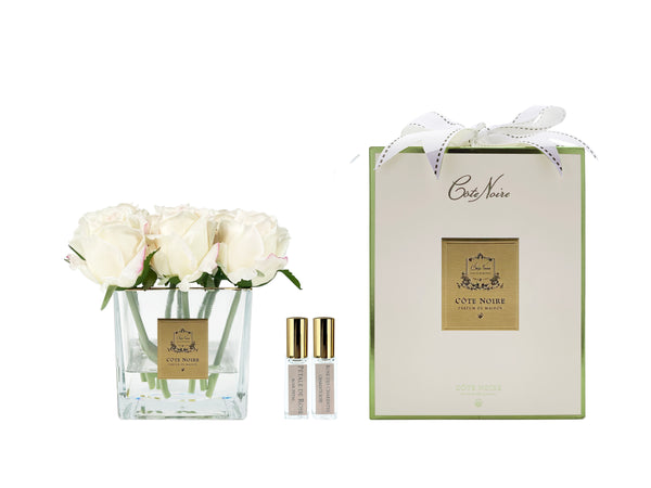 Couture Perfumed Natural Touch 9 Roses - Square Clear Vase Gold & Pink Blush - White Box