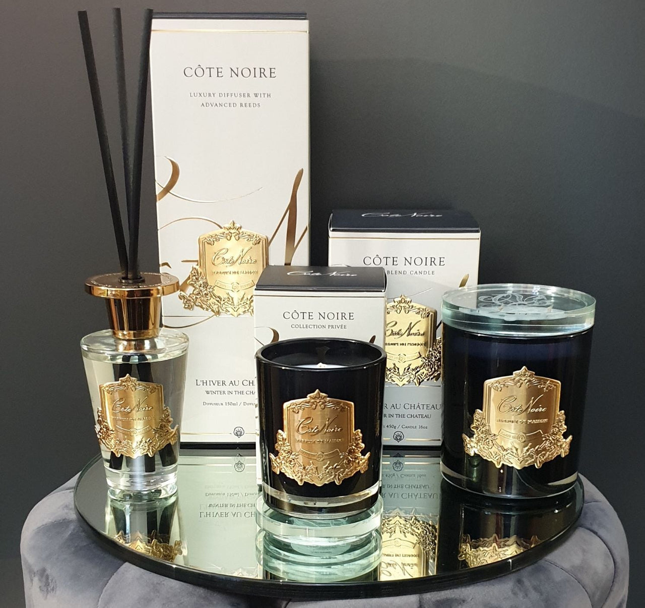 Cote Noire 450g Candle - Dark Vessel with Gold Badge - Winter in the Chateau