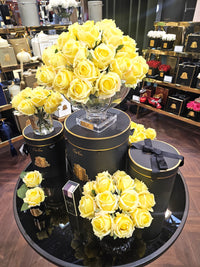 Cote Noire Luxury Centrepiece 37 Rose Bud Bouquet - Yellow & Gold Badge - CPRB08