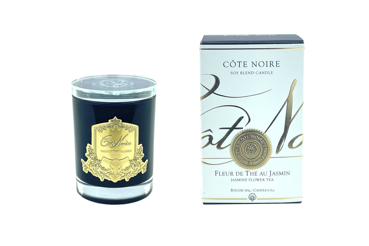 Cote Noire 185g Candle - Dark Vessel with Gold Badge - Jasmine Flower Tea