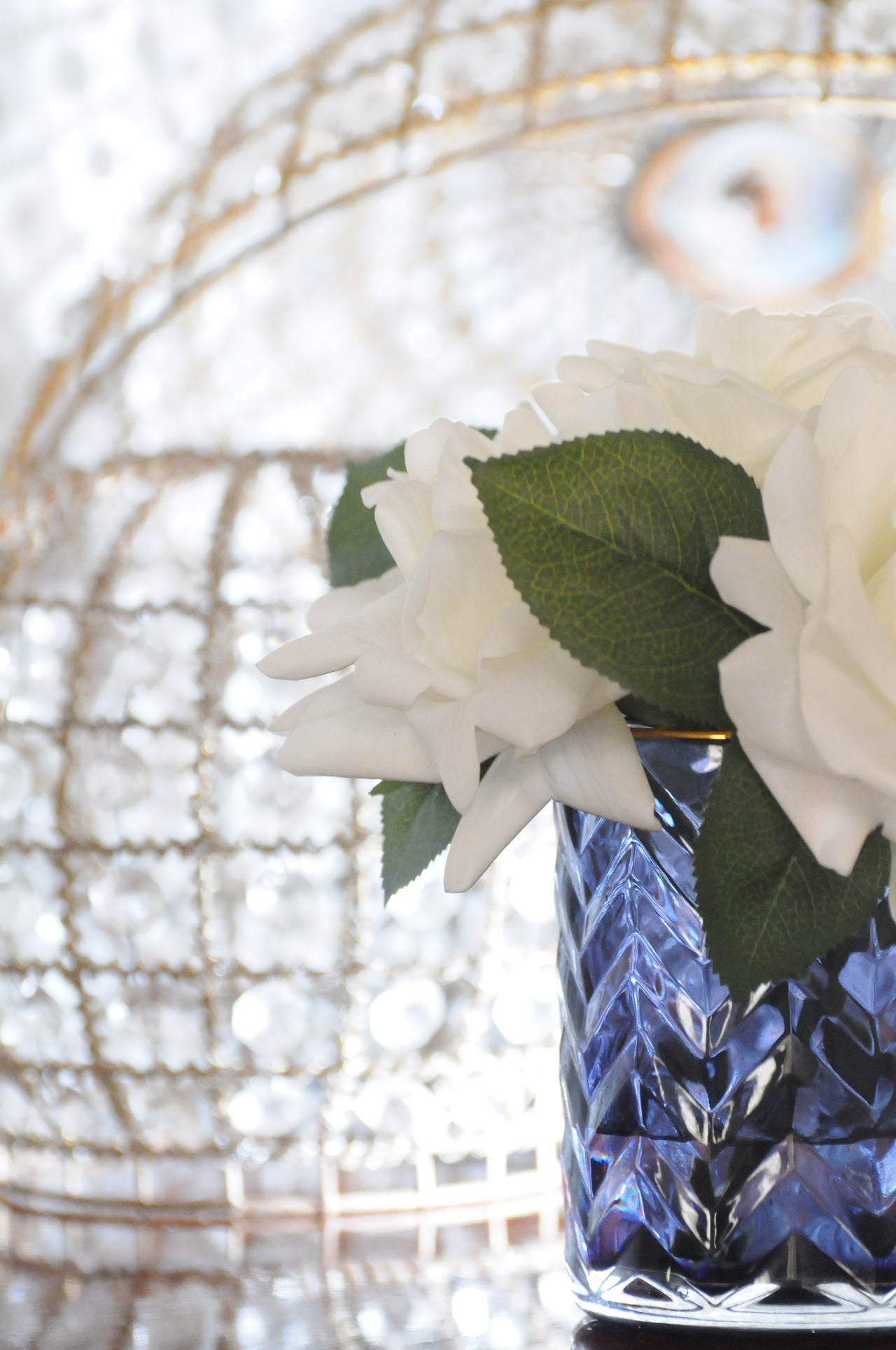 Cote Noire Herringbone Flower Blue - White Roses - HCF04