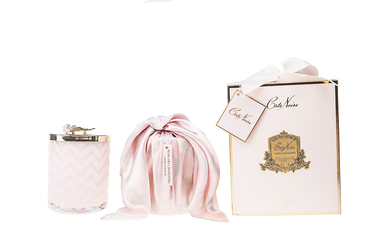 Cote Noire Charente Rose scented Herringbone Candle with Scarf - Pink & Gold - Rose Brooch - HCG04