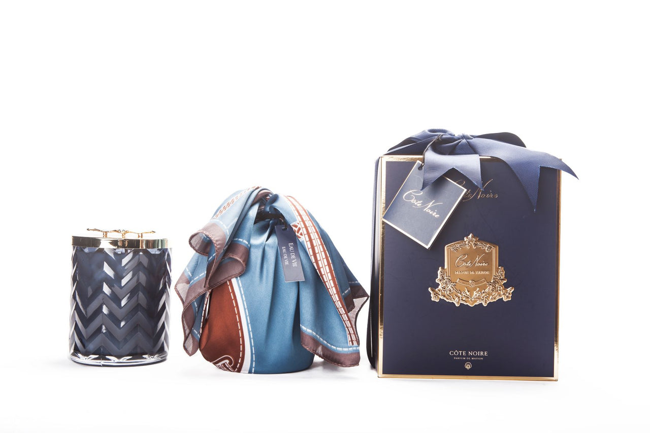 Cote Noire Eau De Vie scented Herringbone Candle with Scarf - Navy & Gold - Dragonfly Brooch - HCG05
