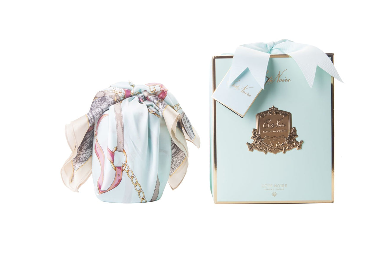 Cote Noire Persian Lime scented Herringbone Candle with Scarf - Tiffany Blue & Gold - Butterfly Brooch