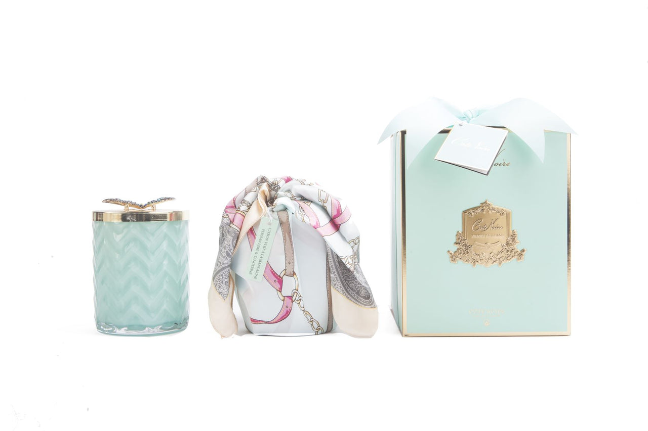 Cote Noire Persian Lime scented Herringbone Candle with Scarf - Tiffany Blue & Gold - Butterfly Brooch