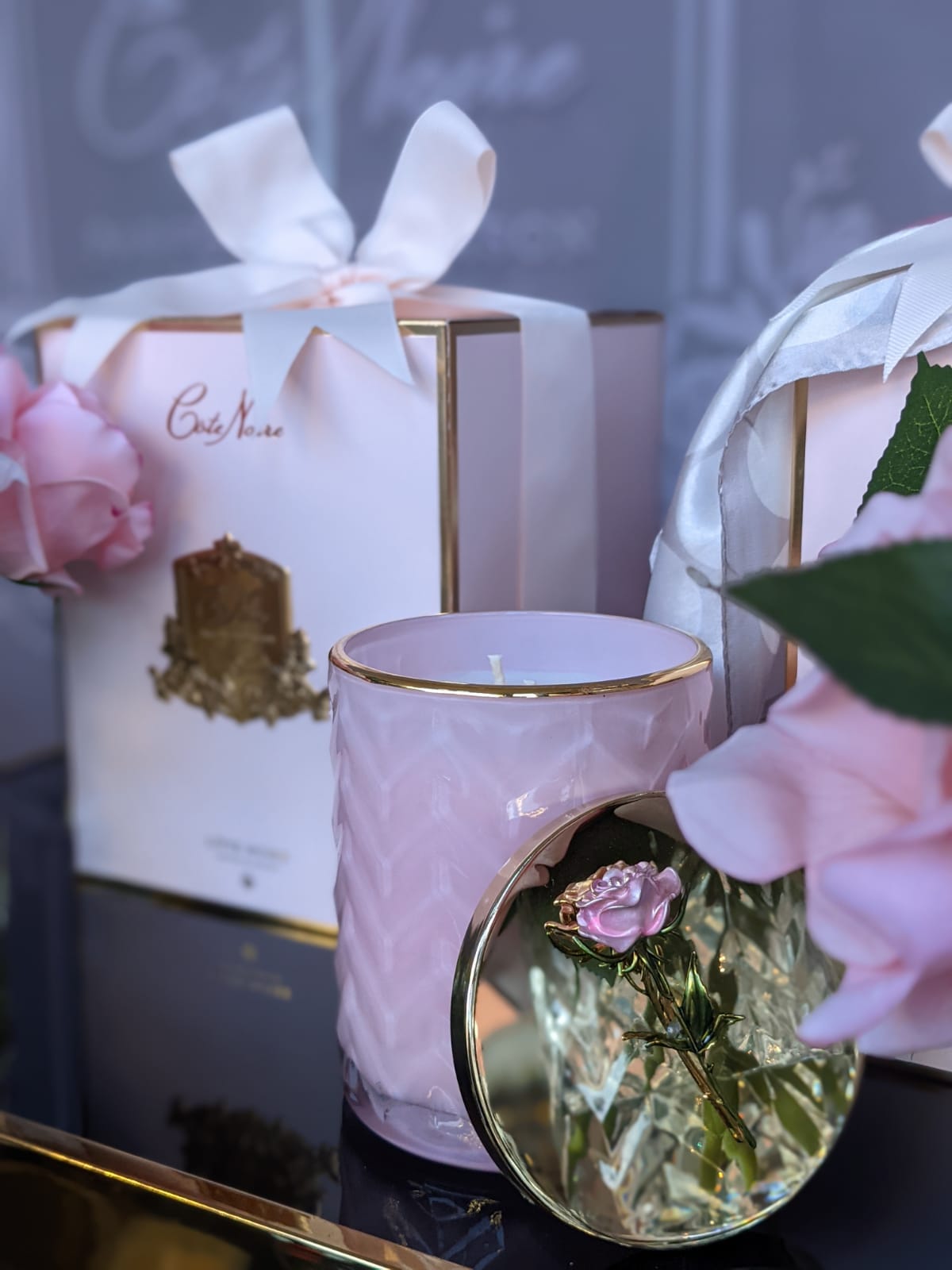 Cote Noire Charente Rose scented Herringbone Candle with Scarf - Pink & Gold - Rose Brooch - HCG04