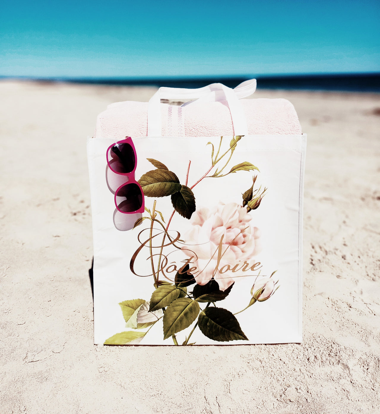 LARGE COTE NOIRE TOTE CARRY BAG - FLOWER & GOLDEN WRITTING