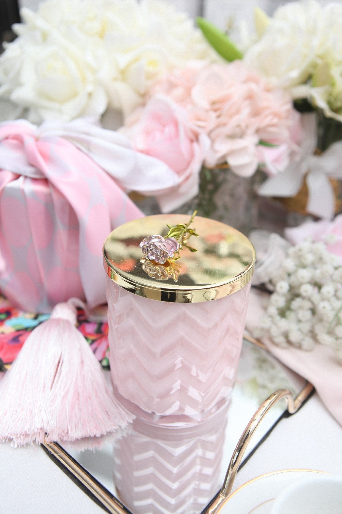 Cote Noire Charente Rose scented Herringbone Candle with Scarf - Pink & Gold - Rose Brooch - HCG04