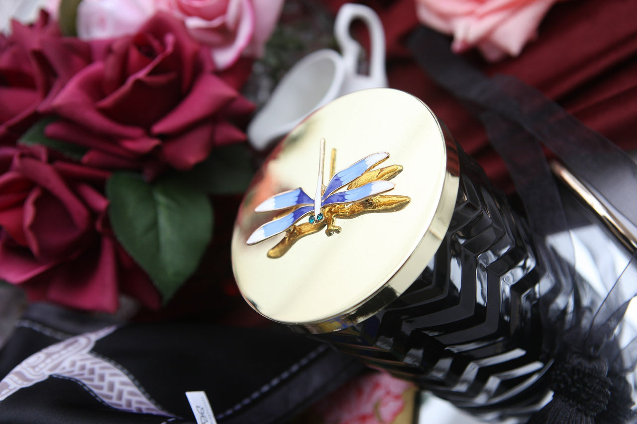 Cote Noire Eau De Vie scented Herringbone Candle with Scarf - Navy & Gold - Dragonfly Brooch - HCG05