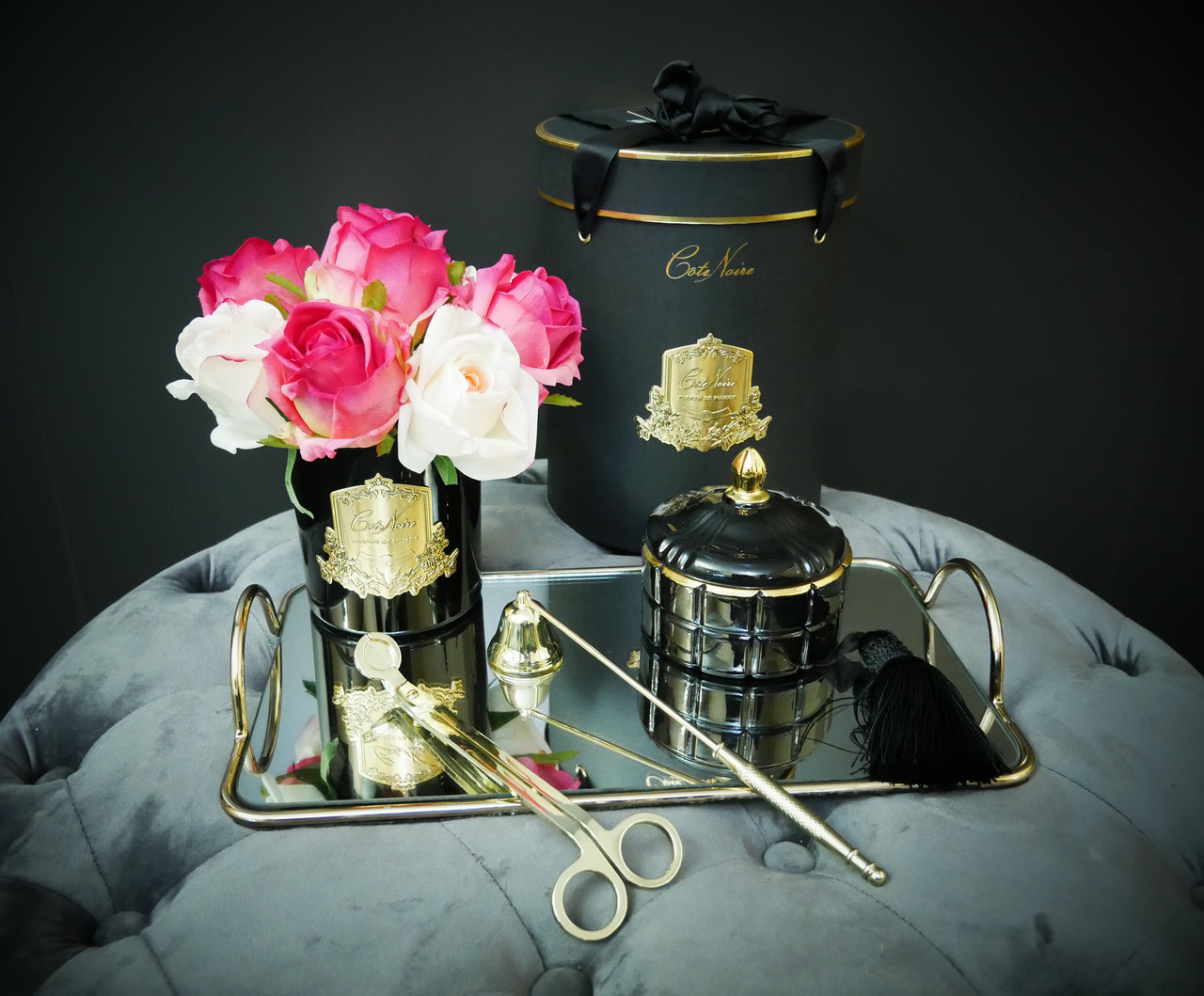 Cote Noire Premium Bouquet - Mixed Magenta & Blush Rose Buds - Dark Glass - MBG01