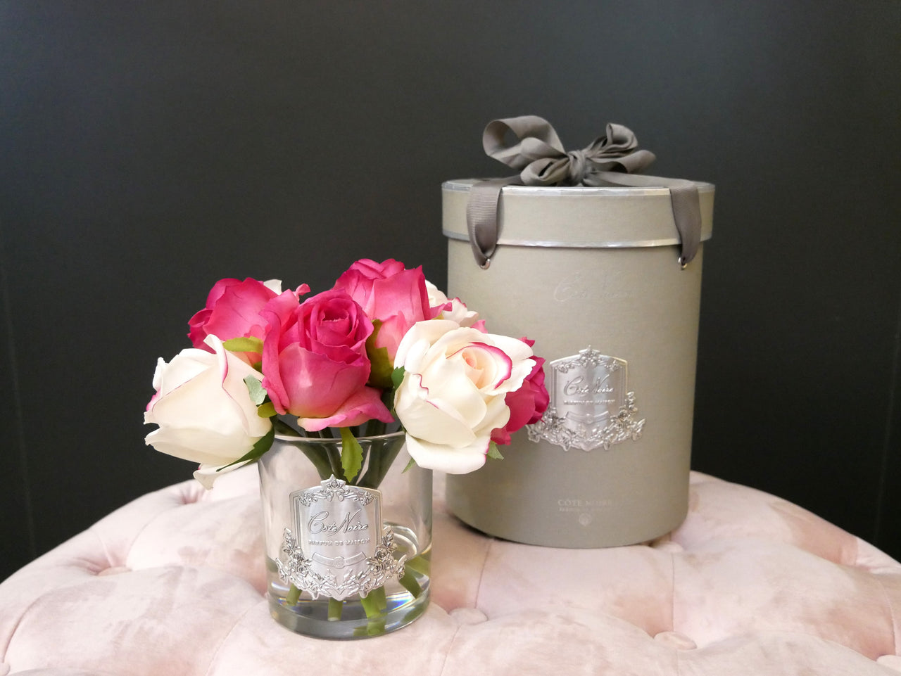 Cote Noire Premium Bouquet - Mixed Magenta & Blush Rose Buds - Clear Glass - MBS01