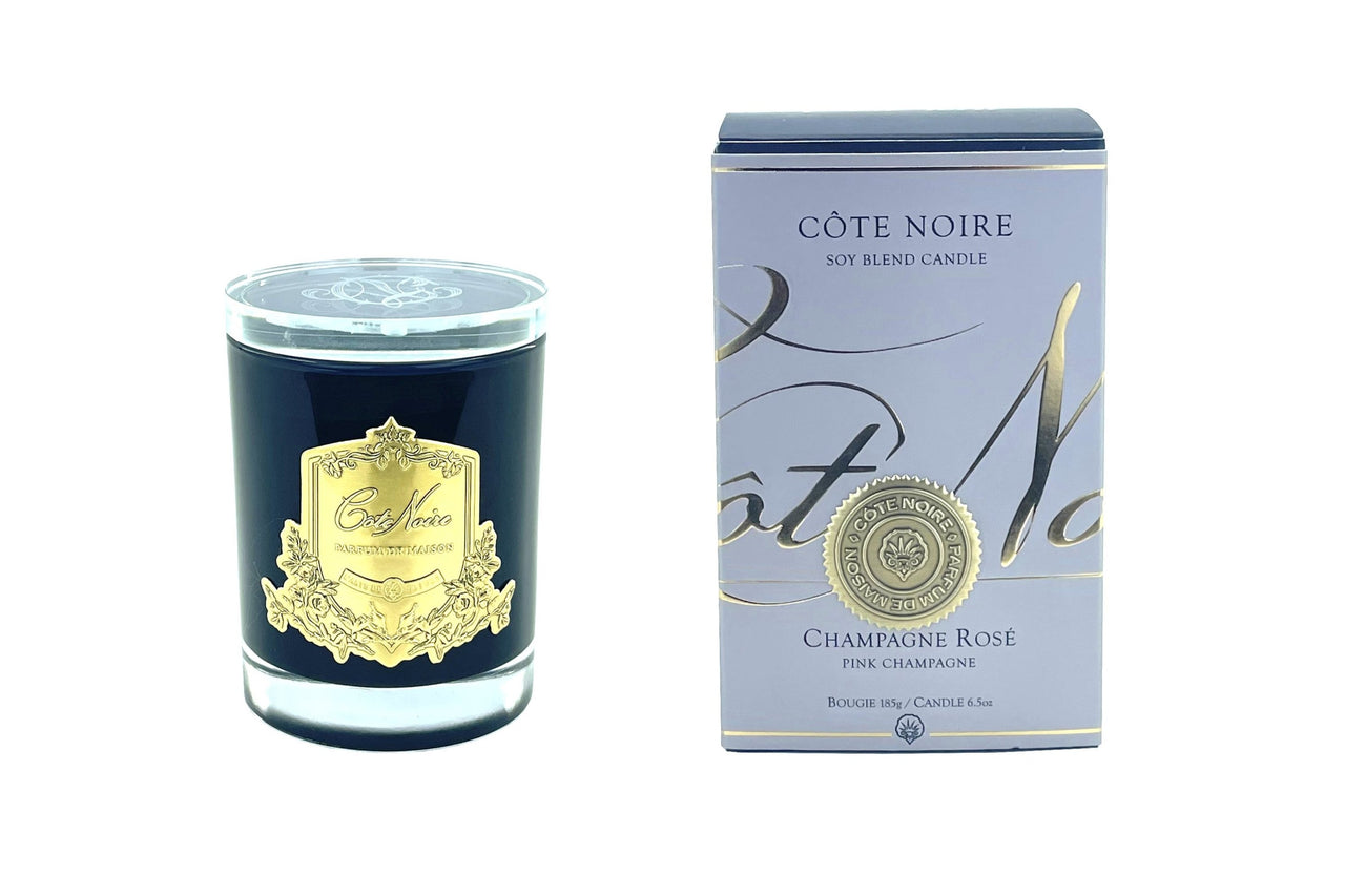 Cote Noire 185g Candle - Dark Vessel with Gold Badge - Pink Champagne