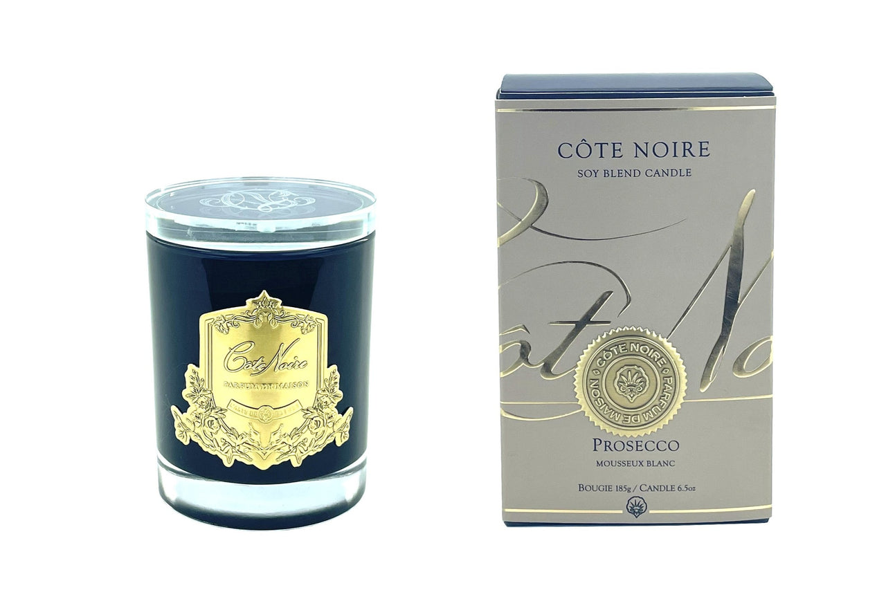 Cote Noire 185g Candle - Dark Vessel with Gold Badge - Prosecco