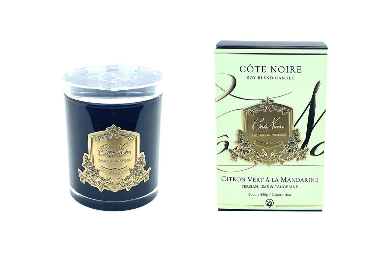 Cote Noire 450g Candle - Dark Vessel with Gold Badge - Persian Lime and Tangerine