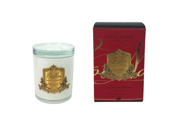 * CHRISTMAS * Cote Noire Christmas Day Candle - 450g - White Vessel with Gold Badge - Saigon Garden