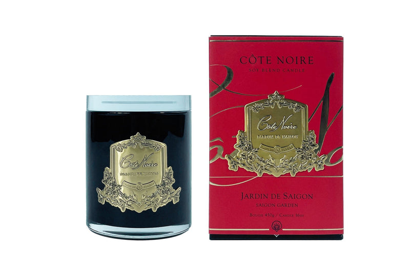 ** NEW ** Cote Noire 450g Candle - Dark Vessel with Gold Badge - Saigon Garden