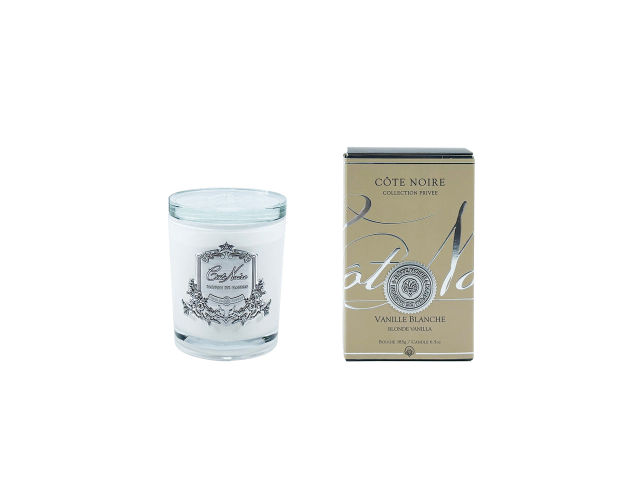 ** CLEARANCE ** Cote Noire 185g Candle - White Vessel with Silver Badge - Blonde Vanilla - CGS18503