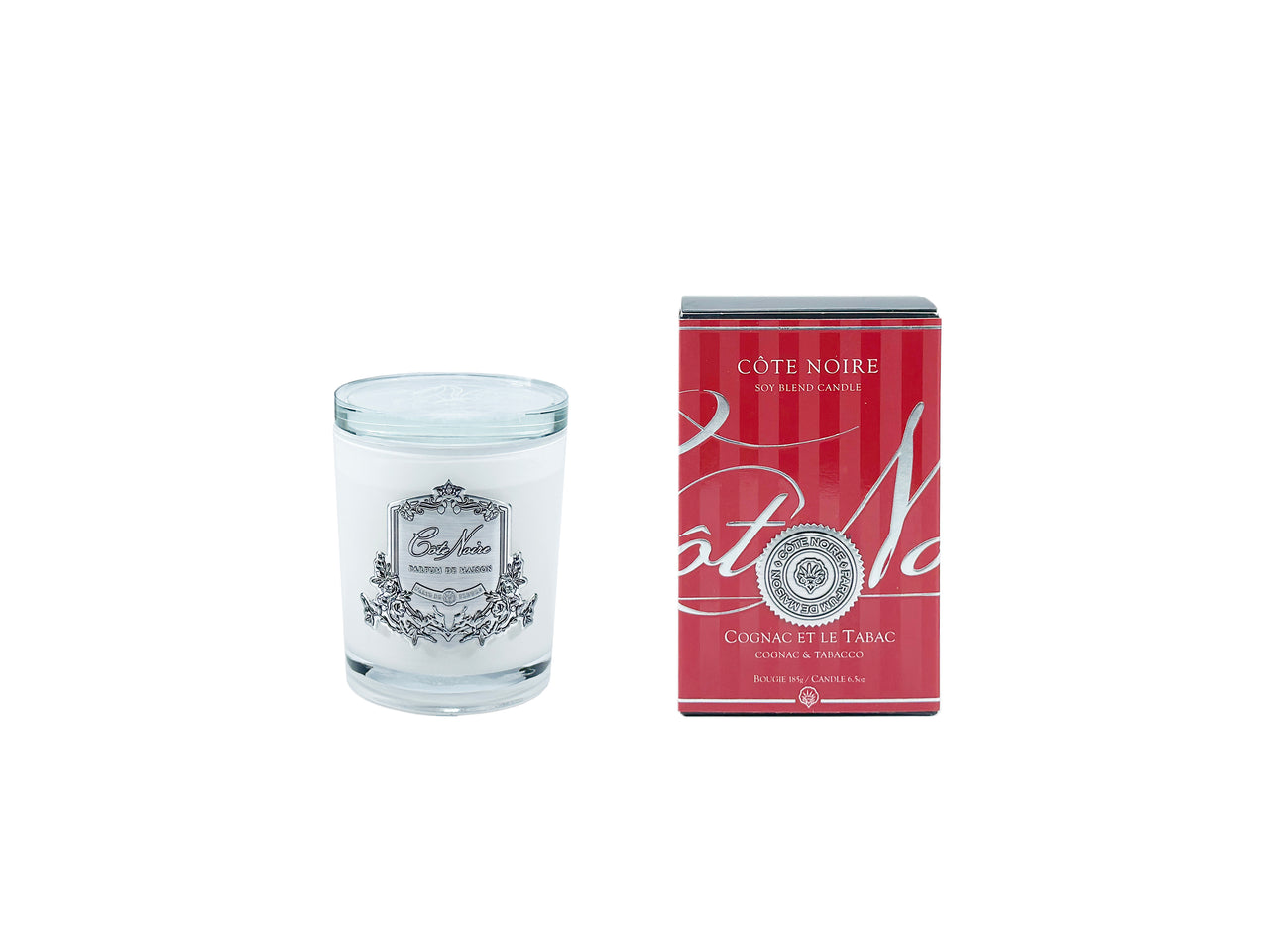 ** CLEARANCE ** Cote Noire 185g Candle - White Vessel with Silver Badge - Cognac & Tobacco - CGS18524