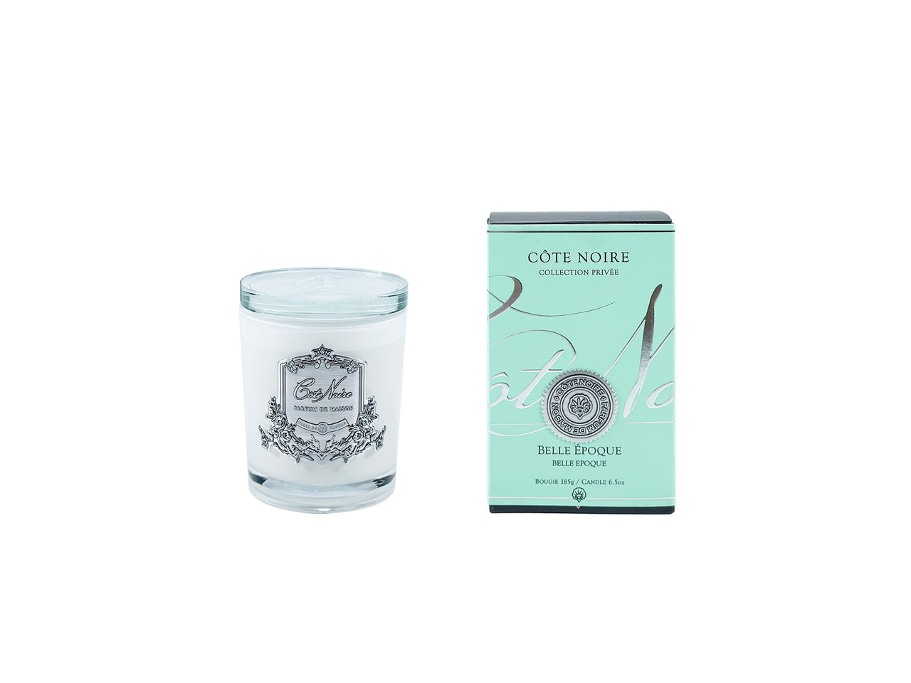 ** CLEARANCE ** Cote Noire 185g Candle - White Vessel with Silver Badge - Belle Epoque - CGS18551