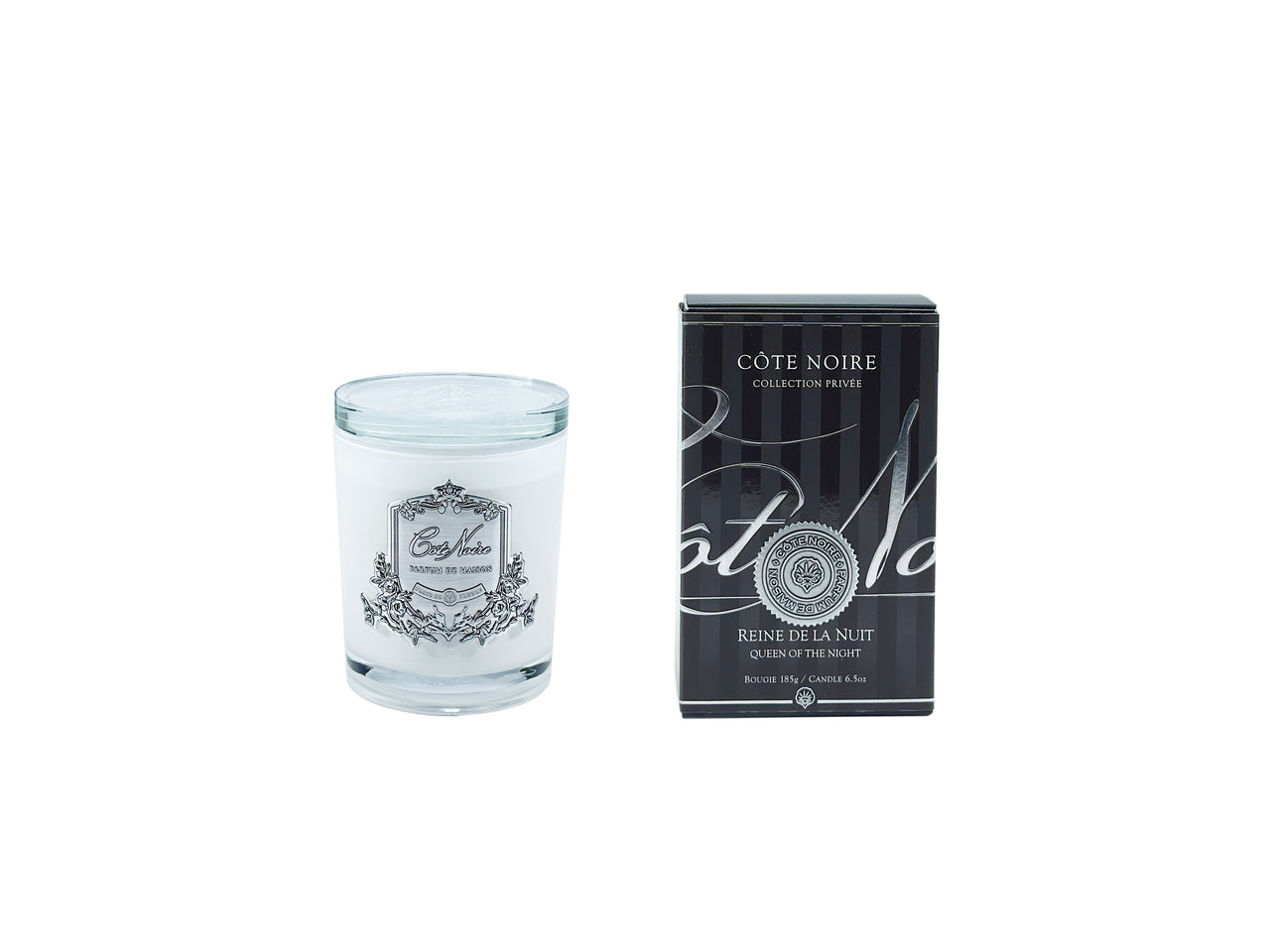 ** CLEARANCE ** Cote Noire 185g Candle - White Vessel with Silver Badge - Queen of The Night - CGS18555