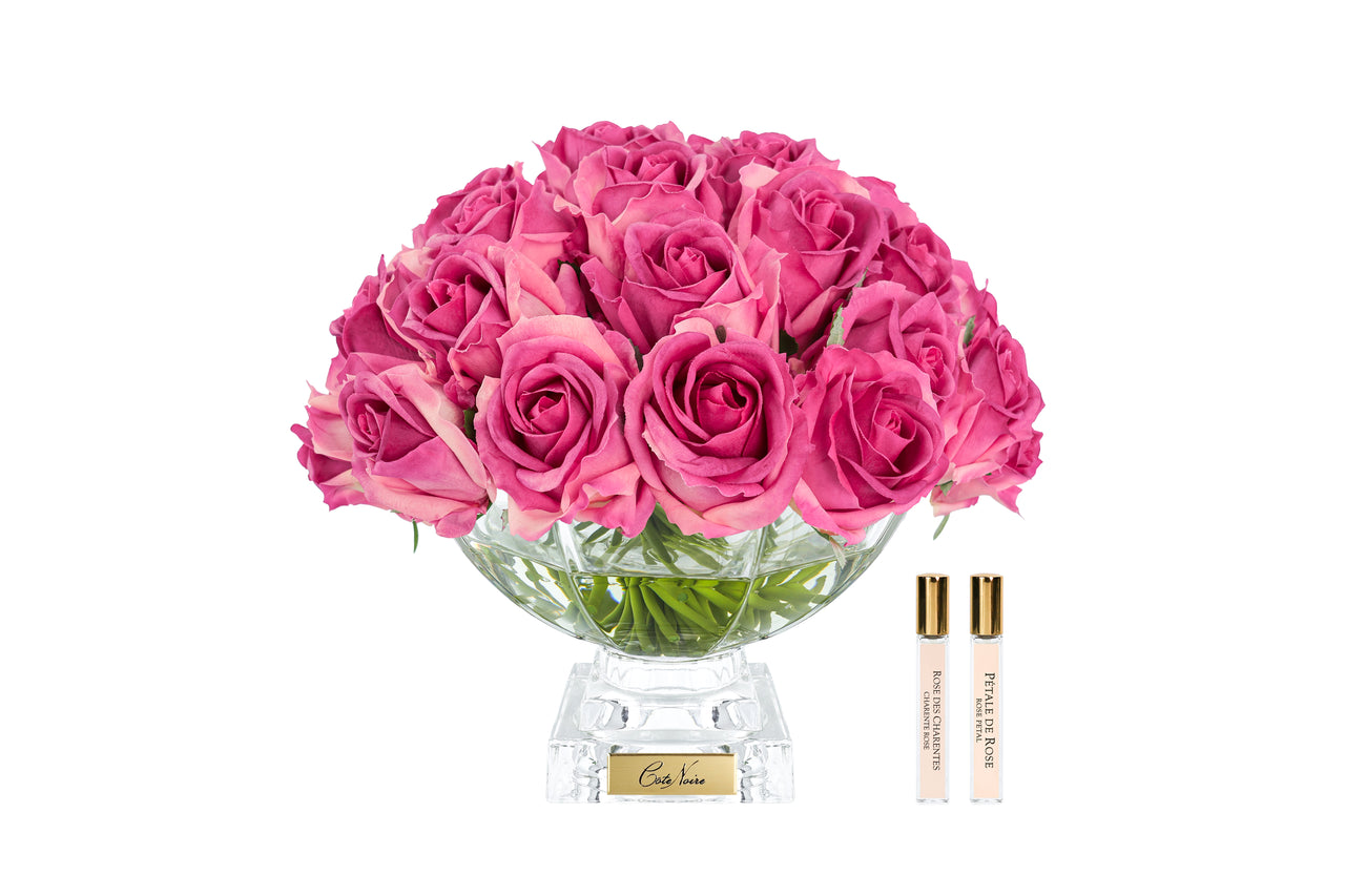 Cote Noire Luxury Centrepiece 37 Rose Bud Bouquet - Magenta & Gold Badge