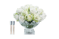 ** NEW ** Cote Noire Luxury Centrepiece 37 Rose Bud Bouquet - Green & White - Silver Badge - CPRB12