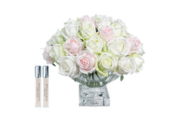 ** NEW **  Cote Noire Luxury Centrepiece 37 Rose Bud Bouquet - Pink, Green & White - Gold Badge - CPRB13