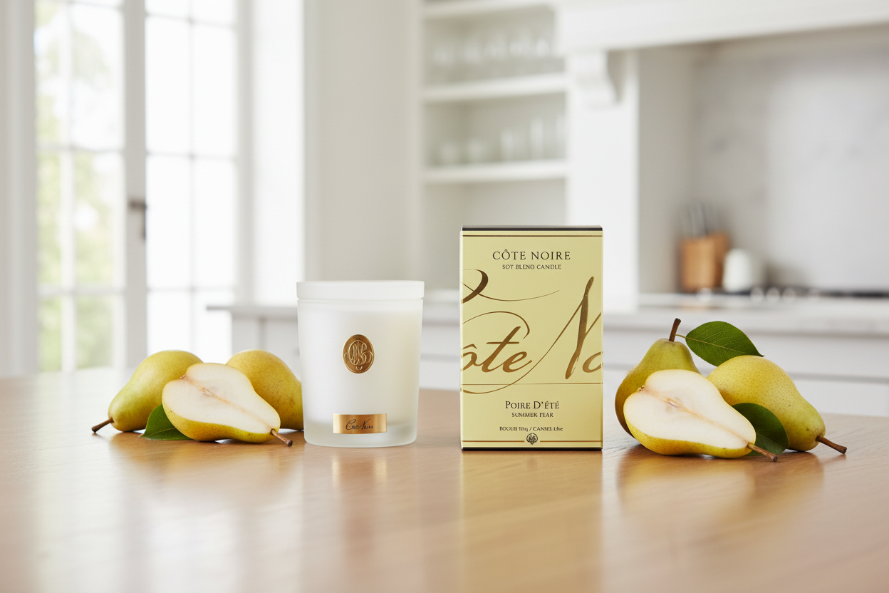 NEW Cote Noire Soy 185g Candle - White Vessel with Gold Badge -  Summer Pear - CWG18514