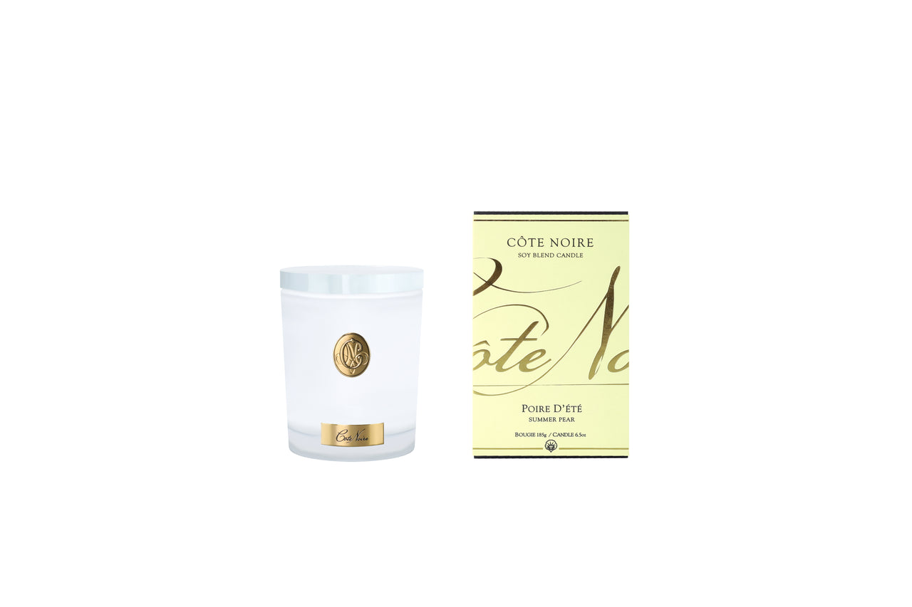 NEW Cote Noire Soy 185g Candle - White Vessel with Gold Badge -  Summer Pear - CWG18514