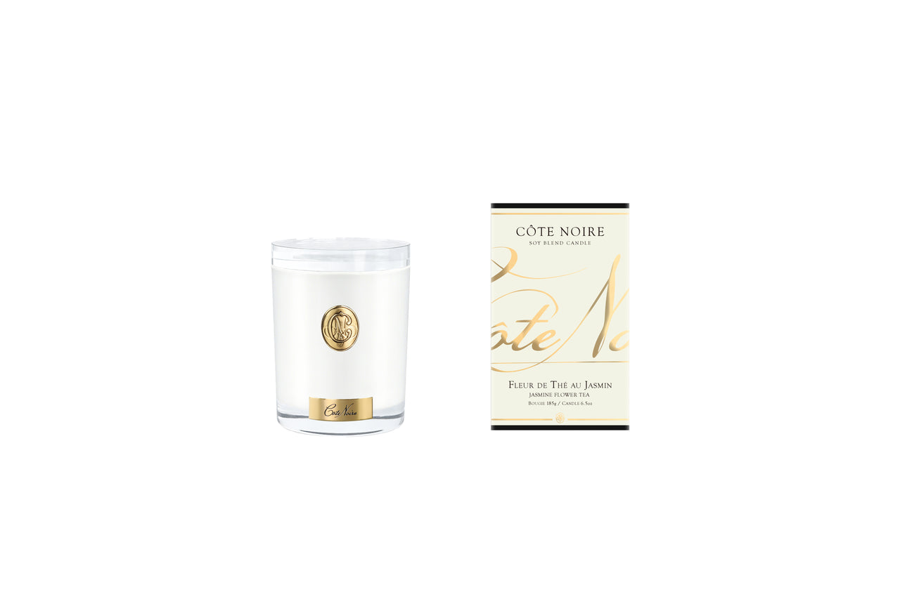 NEW Cote Noire Soy 185g Candle - White Vessel with Gold Badge - Jasmine Flower Tea- CWG18520